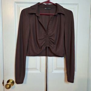 Zara Brown Cinched Ruched Chest Cropped Long Sleeved Top V Neck Fitted Size M